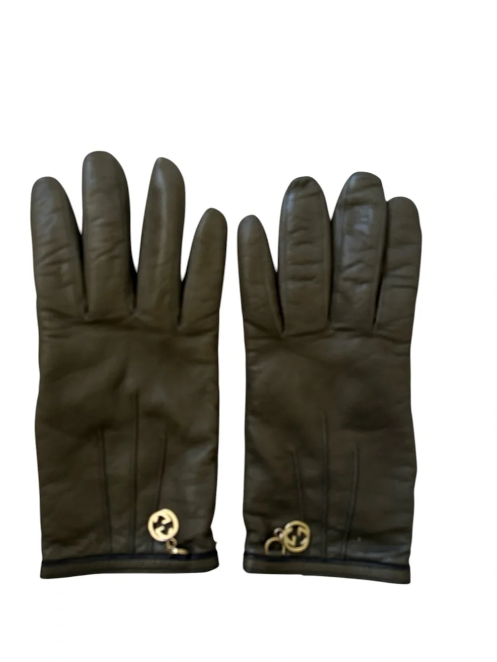 Gucci Olive Green Leather Cashmere Lined Interlocking G Charm Gloves Size 7.5